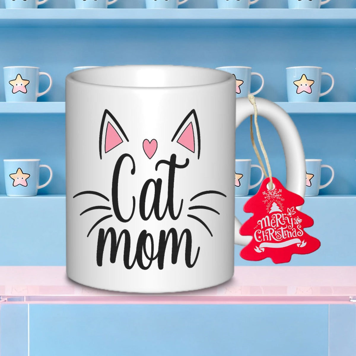Tailorly White Ceramic 11 oz Mug - Cat Mom Minimalist Pink Ears With Tiny Heart And Whiskers Handwritten Cat