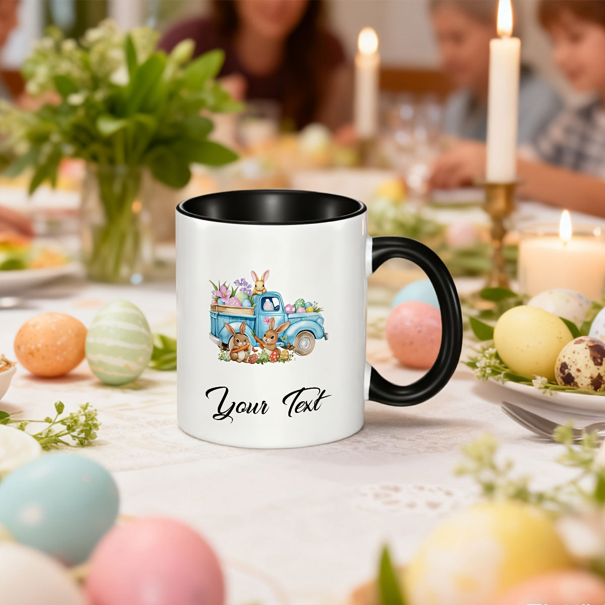 Tailorly Black Accent 11 oz Mug - easter bunny rabbit mug with text and photo