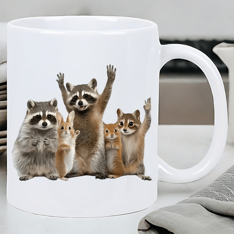 Tailorly White Ceramic 11 oz Mug - Happy Group Of Woodland Animals Standing Together And Raising Paws Raccoon