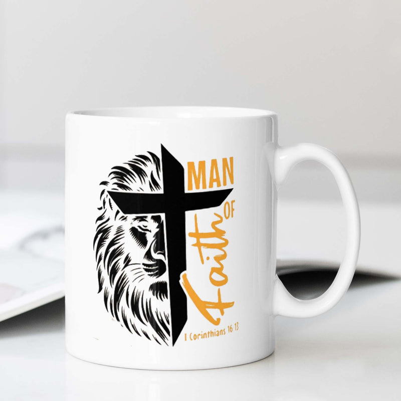 Tailorly White Ceramic 11 oz Mug - Man Of Faith Bold Black Cross Merged With Half Majestic Lion Head Design Lion