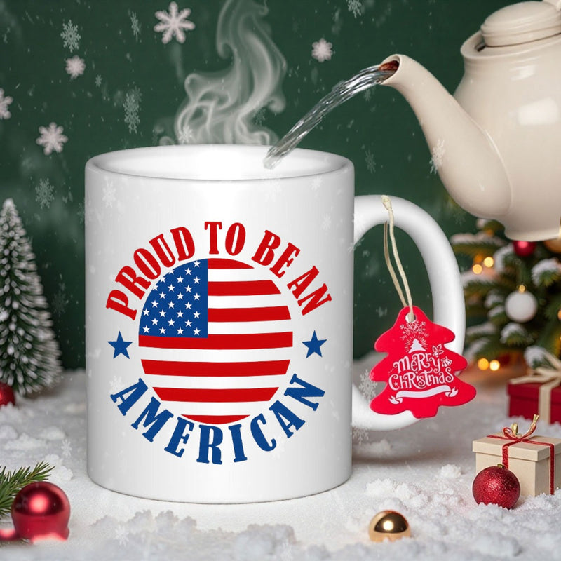 Tailorly White Ceramic 11 oz Mug - Proud To Be An American Circular Patriotic Symbol With Bold Red And White Stripes Flag