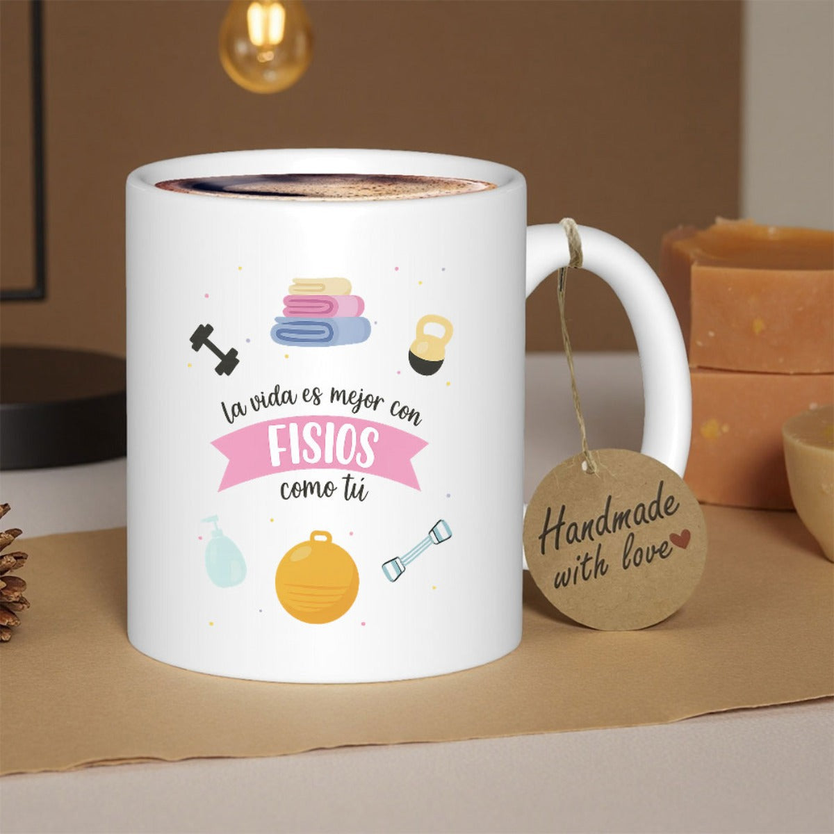 Tailorly White Ceramic 11 oz Mug - Fitness Equipment Icons Arranged Around A Soft Pink Decorative Ribbon