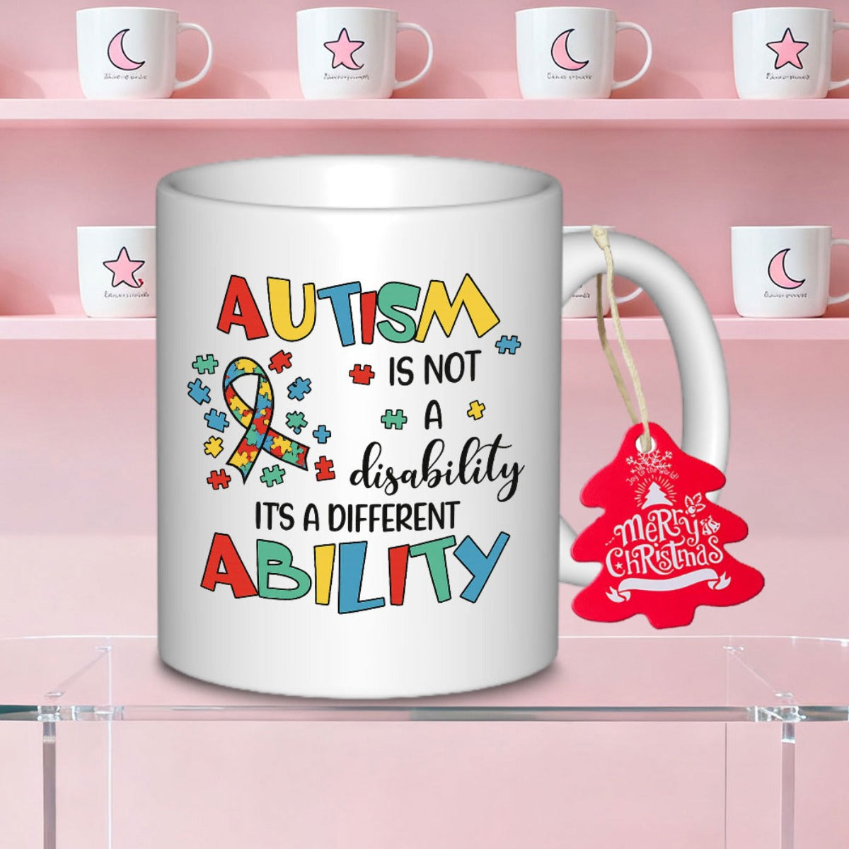 Tailorly White Ceramic 11 oz Mug - Autism Is Not A Disability Its A Different Ability Colorful Puzzle Piece Ribbon Among Educational Symbols And Inspirational