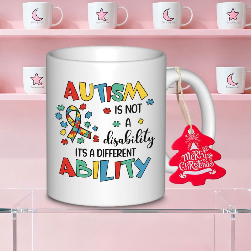 Tailorly White Ceramic 11 oz Mug - Autism Is Not A Disability Its A Different Ability Colorful Puzzle Piece Ribbon Among Educational Symbols And Inspirational