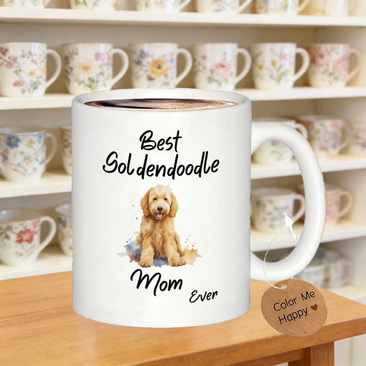 Tailorly White Ceramic 11 oz Mug - Best Goldendoodle Mom Ever Cute Fluffy Puppy Sitting Calmly With Watercolor Textures Goldendoodle