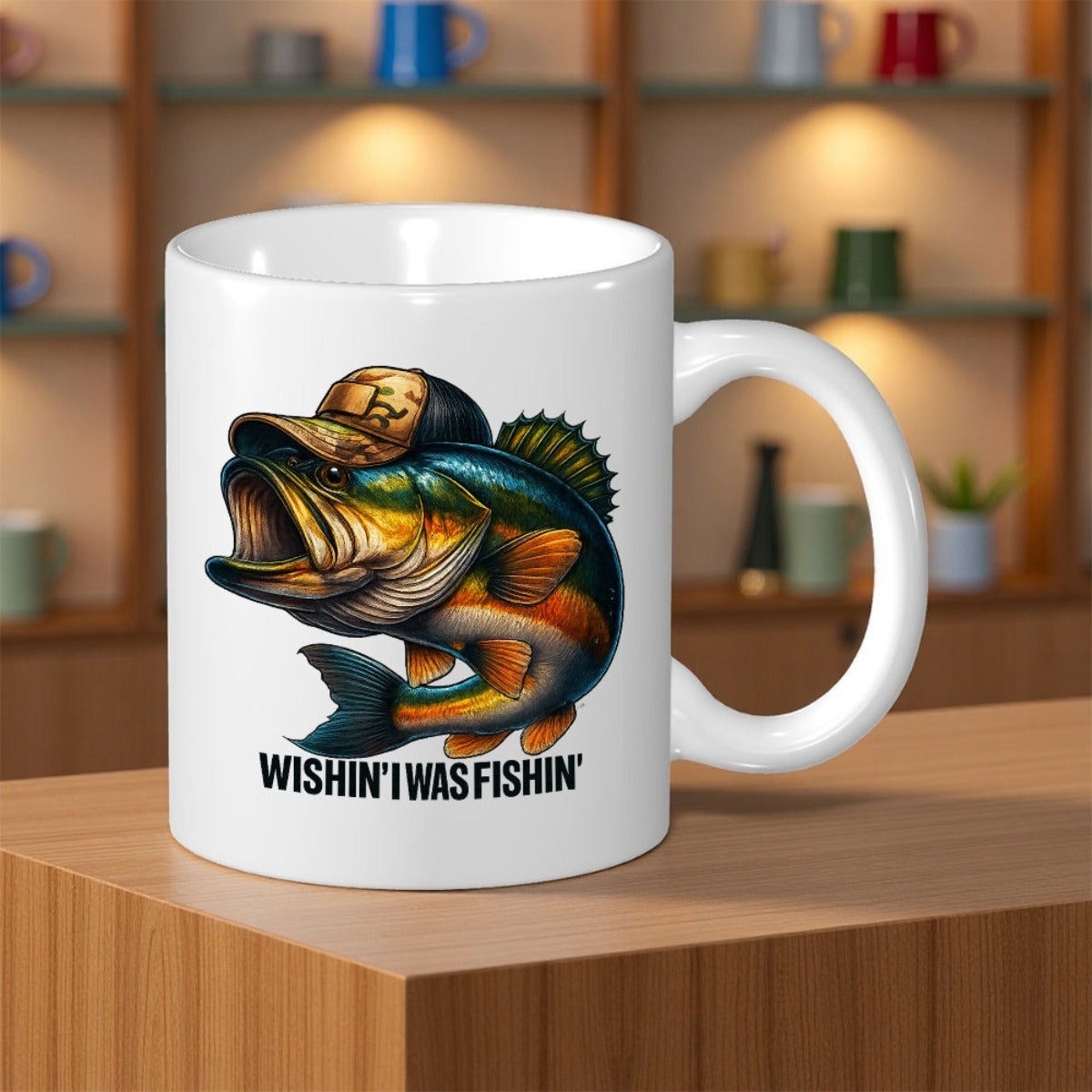 Tailorly White Ceramic 11 oz Mug - Wishin I Was Fishin Colorful Largemouth Bass Wearing A Camouflage Fishing Hat Bass