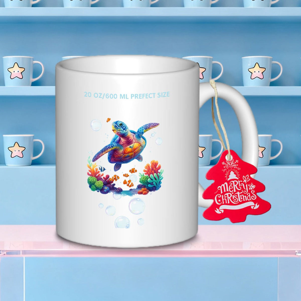 Tailorly White Ceramic 11 oz Mug - Perfect Size Merry Christmas Colorful Watercolor Sea Turtle Swimming Gracefully Among Tropical Coral Turtle