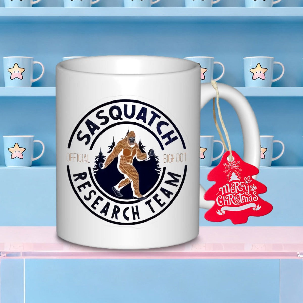 Tailorly White Ceramic 11 oz Mug - Sasquatch Research Team Official Bigfoot Mythical Creature Walking Through Dense Pine Forest Silhouette Bigfoot