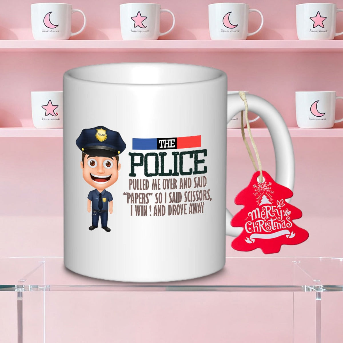 Tailorly White Ceramic 11 oz Mug - The Police Pulled Me Over And Said Papers So I Said Scissors I Win And Drove Away Friendly Smiling Cartoon Law Enforcement