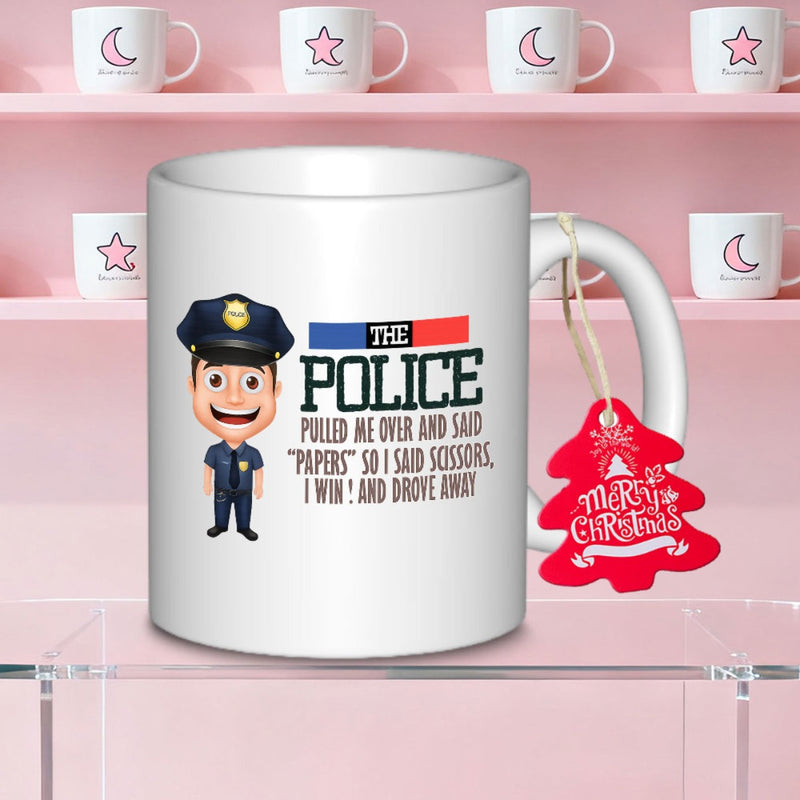 Tailorly White Ceramic 11 oz Mug - The Police Pulled Me Over And Said Papers So I Said Scissors I Win And Drove Away Friendly Smiling Cartoon Law Enforcement