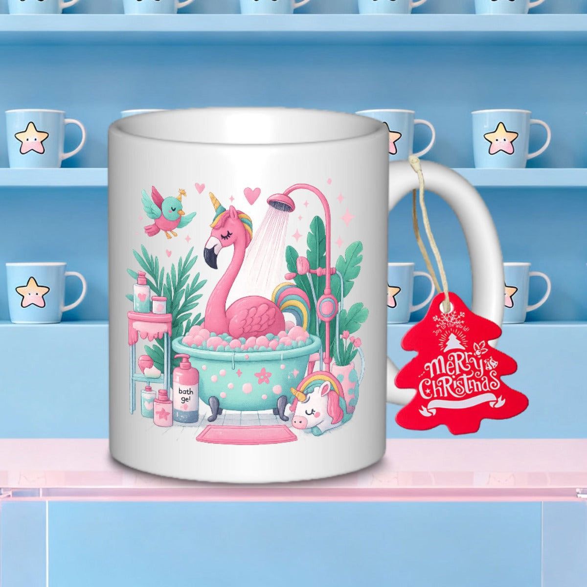 Tailorly White Ceramic 11 oz Mug - Merry Christmas Whimsical Pink Unicorn Flamingo Taking A Bath In Mint Green Tub Flamingo