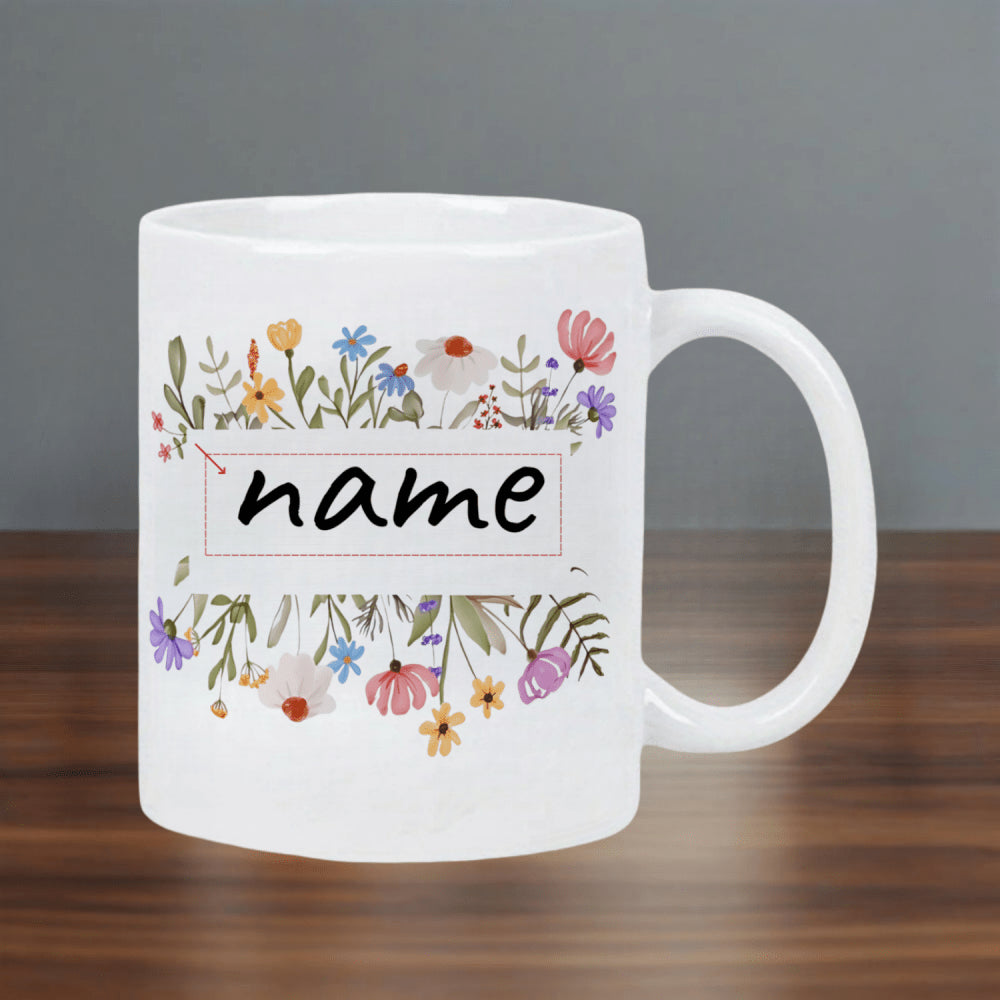 Tailorly White Ceramic 11 oz Mug - Name Colorful Hand Drawn Wildflowers Blooming In A Vibrant Summer Garden Wildflower