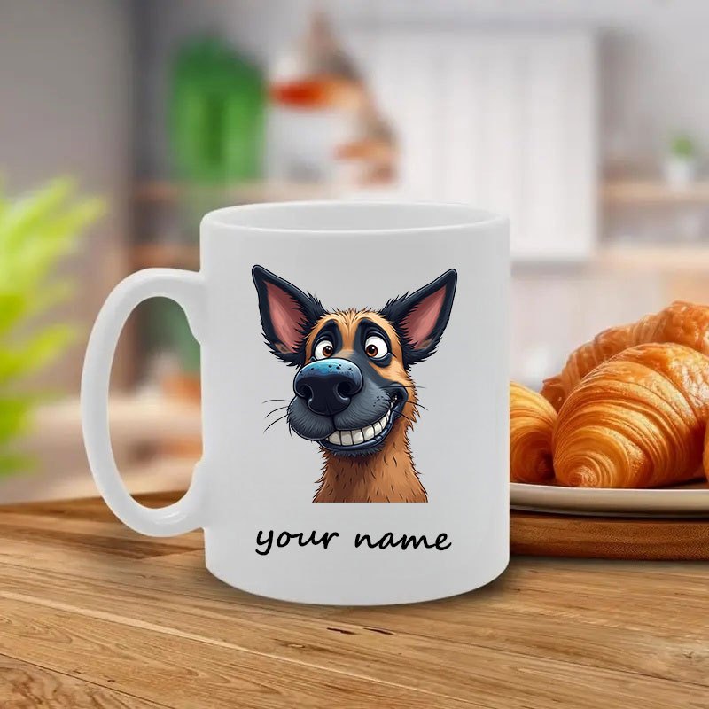 Tailorly White Ceramic 11 oz Mug - Your Name Happy Cartoon German Shepherd With Big Smile And Pointy Ears Dog