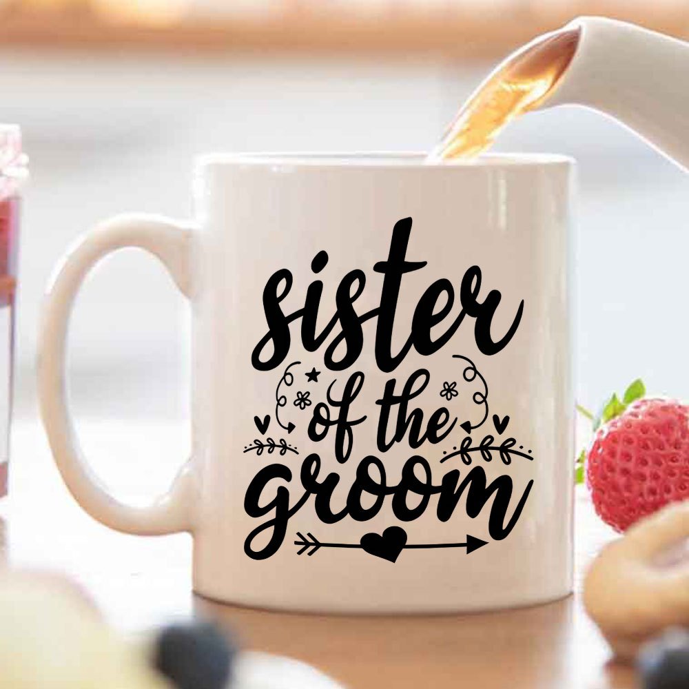 Tailorly White Ceramic 11 oz Mug - Sister Of The Groom Elegant Script Lettering Decorated With Small Hearts And Arrow Mug