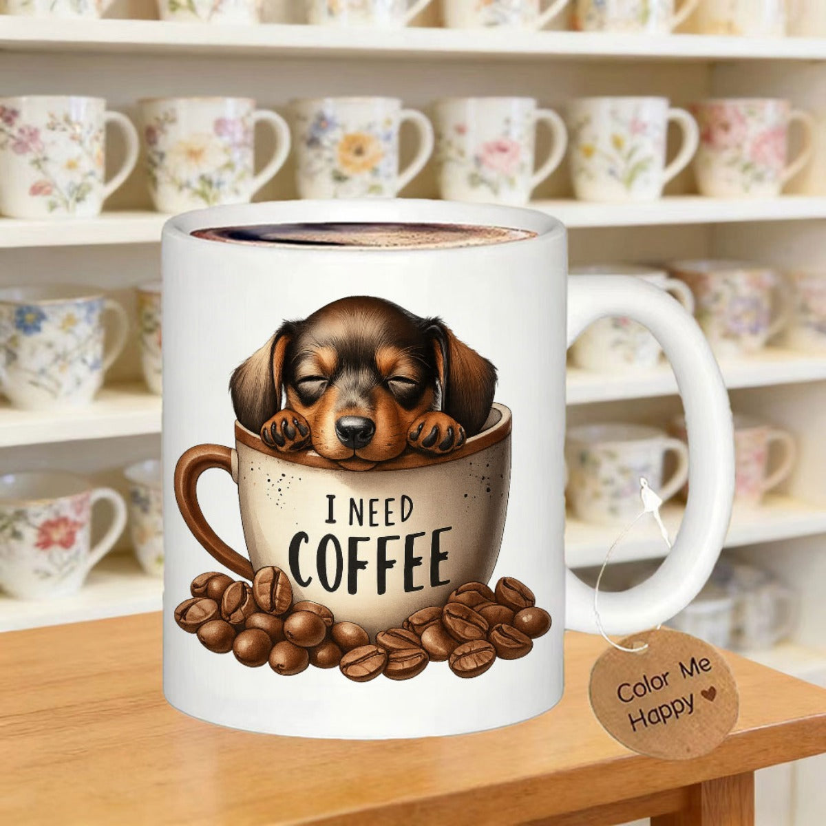 Tailorly White Ceramic 11 oz Mug - I Need Coffee Adorable Small Puppy Sleeping Comfortably Inside Warm Ceramic Coffee Cup Mug Dachshund