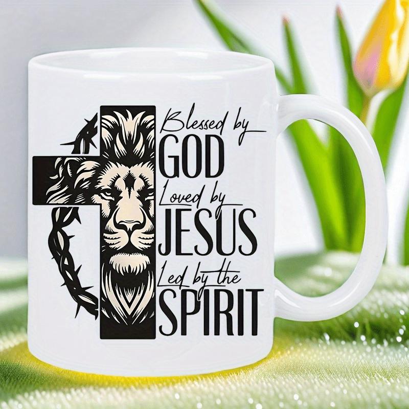 Tailorly White Ceramic 11 oz Mug - Blessed By God Loved By Jesus Led By The Spirit Symbolic Religious Cross Merged With Detailed Half Face Lion Mane Lion