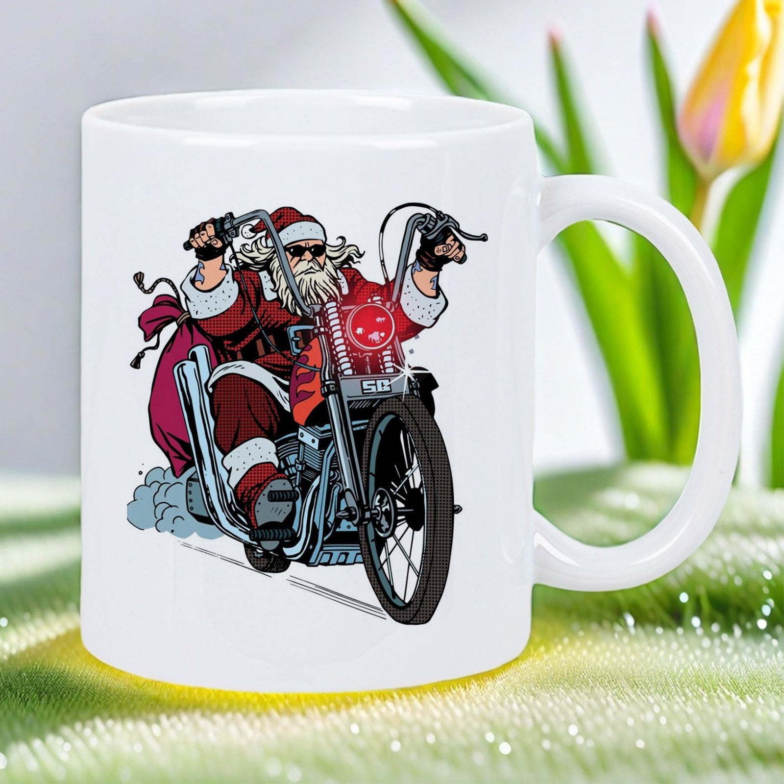Tailorly White Ceramic 11 oz Mug - Festive Character Riding A Vintage Chopper Motorcycle With Flowing White Beard Santa