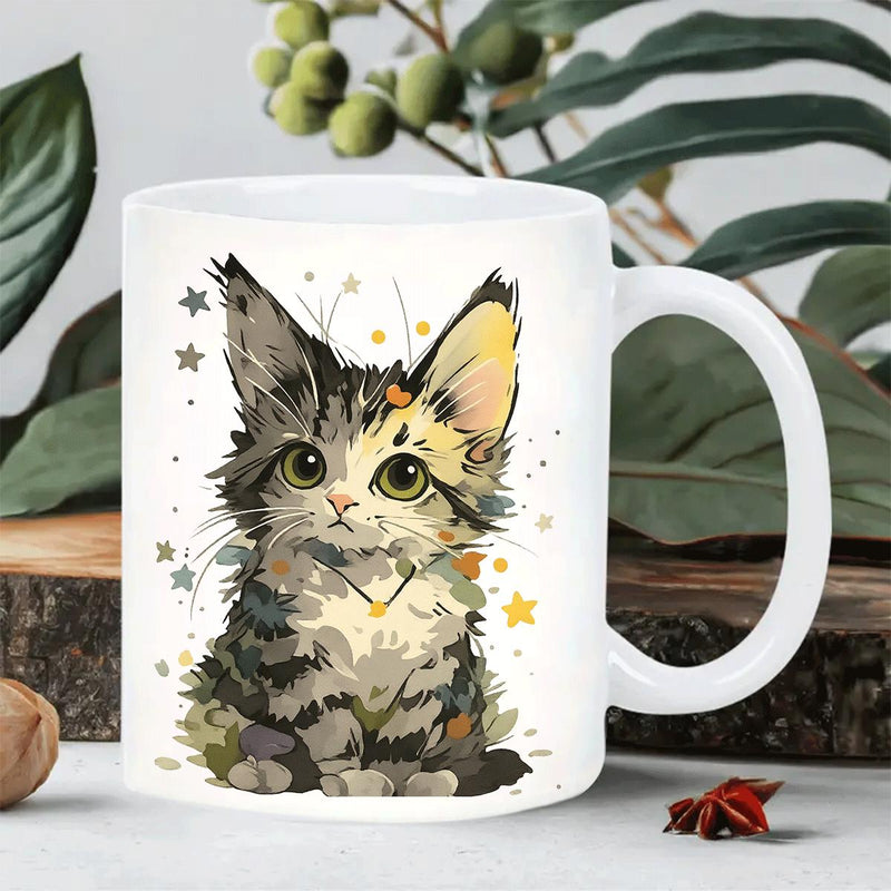 Tailorly White Ceramic 11 oz Mug - Adorable Fluffy Artistic Cat Surrounded By Shining Golden And Grey Stars Kitten