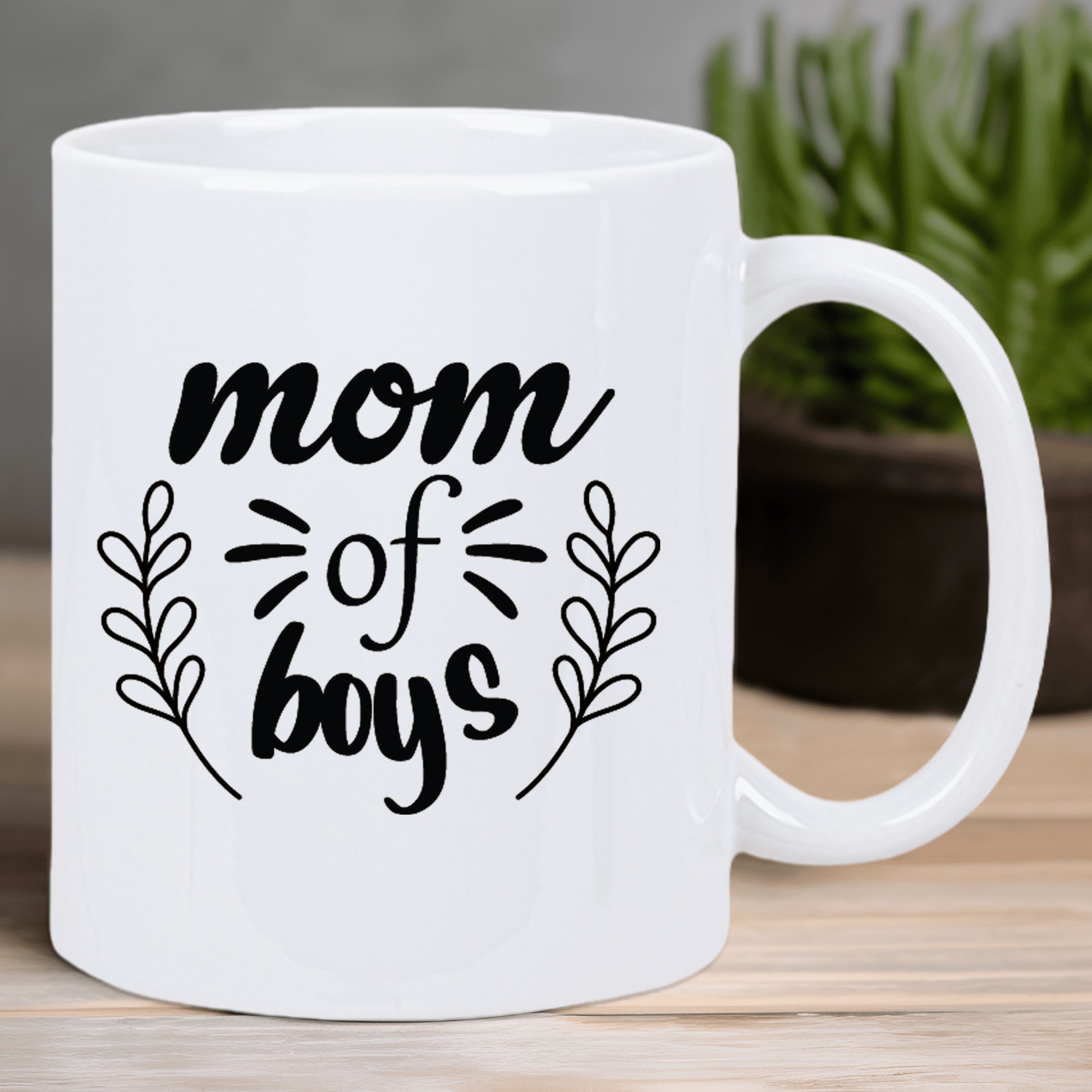 Tailorly White Ceramic 11 oz Mug - Mom Of Boys Minimalist Botanical Stems Flanking Bold Stylized Text With Radiant Linear Accents Sign