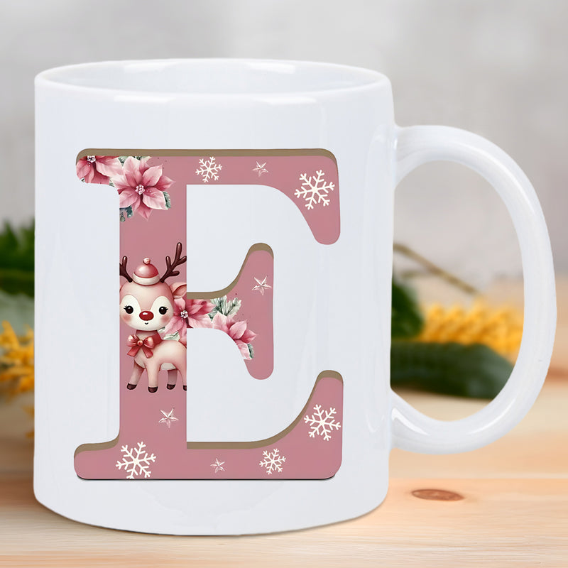 Tailorly White Ceramic 11 oz Mug - E Festive Pink Flowers And Delicate Snowflakes Surrounding A Cute Reindeer