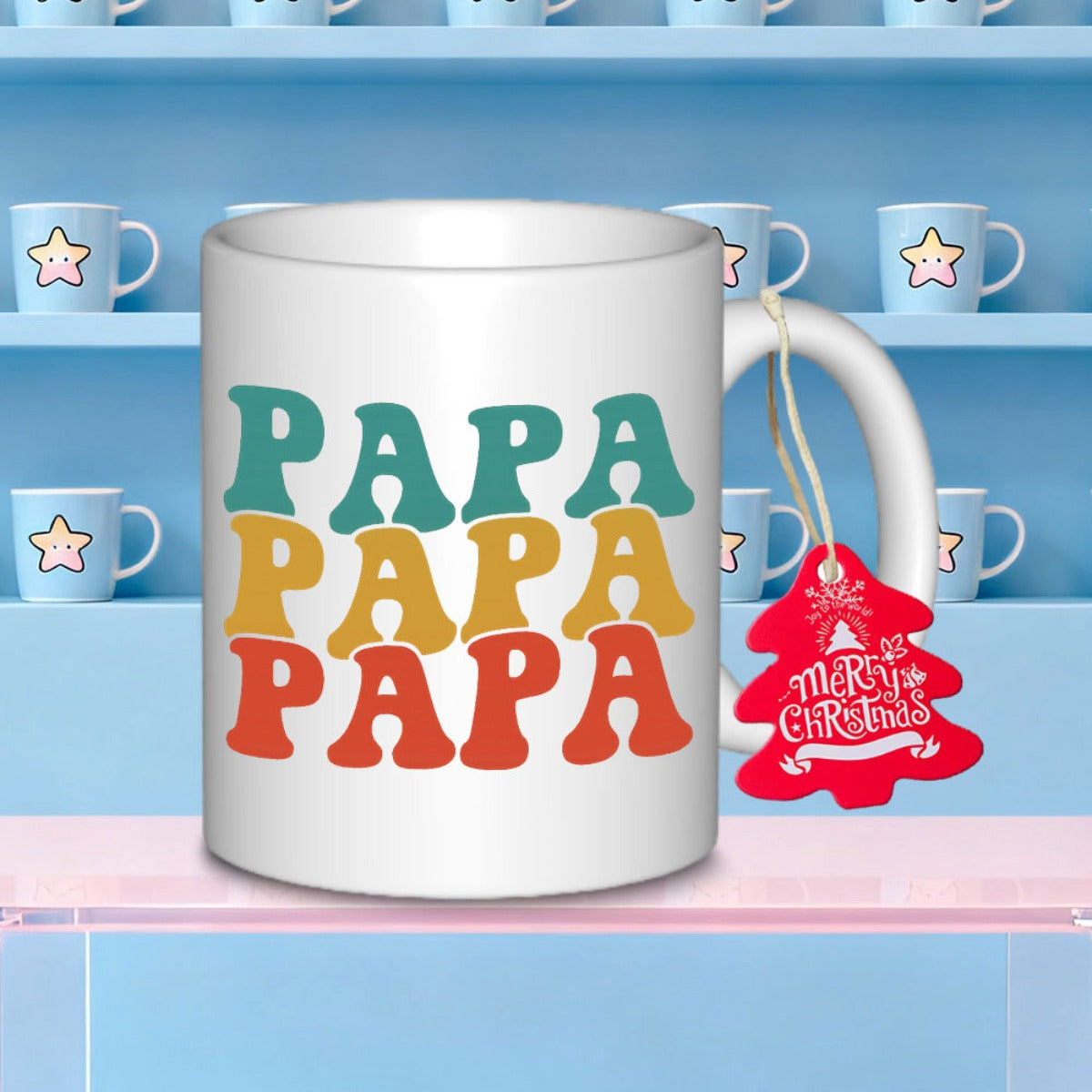 Tailorly White Ceramic 11 oz Mug - Papa Papa Papa Merry Christmas Retro Style Bubbly Letters In Vintage Earthy Tones Typography Mug