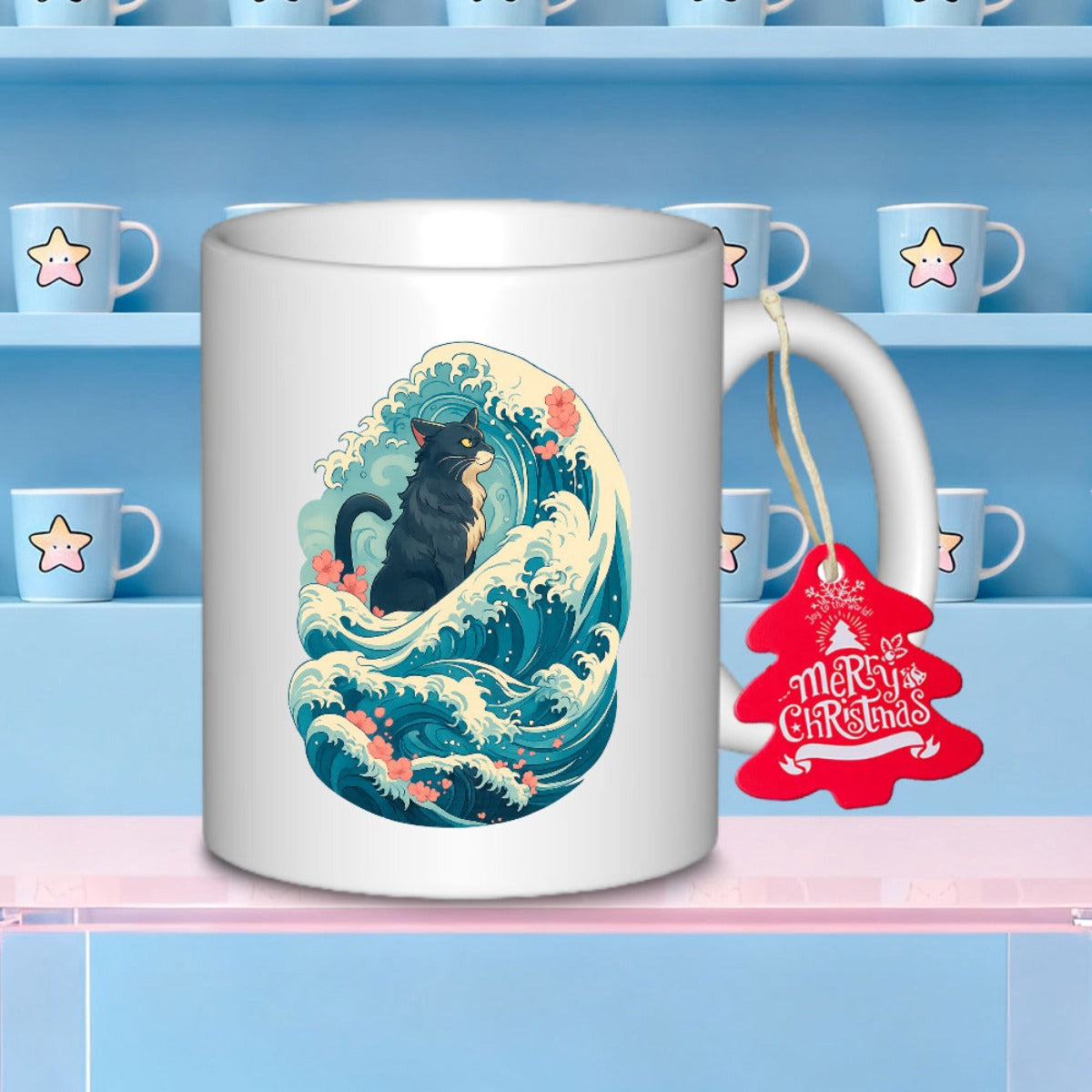 Tailorly White Ceramic 11 oz Mug - Black Cat Sitting Amidst Powerful Turquoise Crashing Ukiyo Style Wave Cat