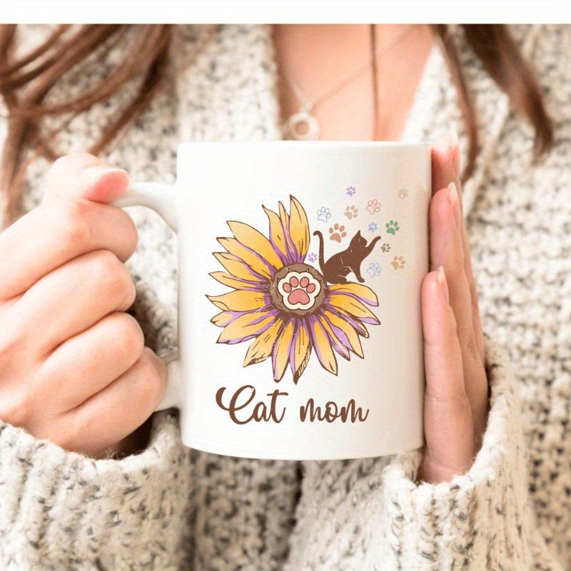 Tailorly White Ceramic 11 oz Mug - Cat Mom Vibrant Sunflower With Playful Silhouette Among Floating Paw Prints Cat