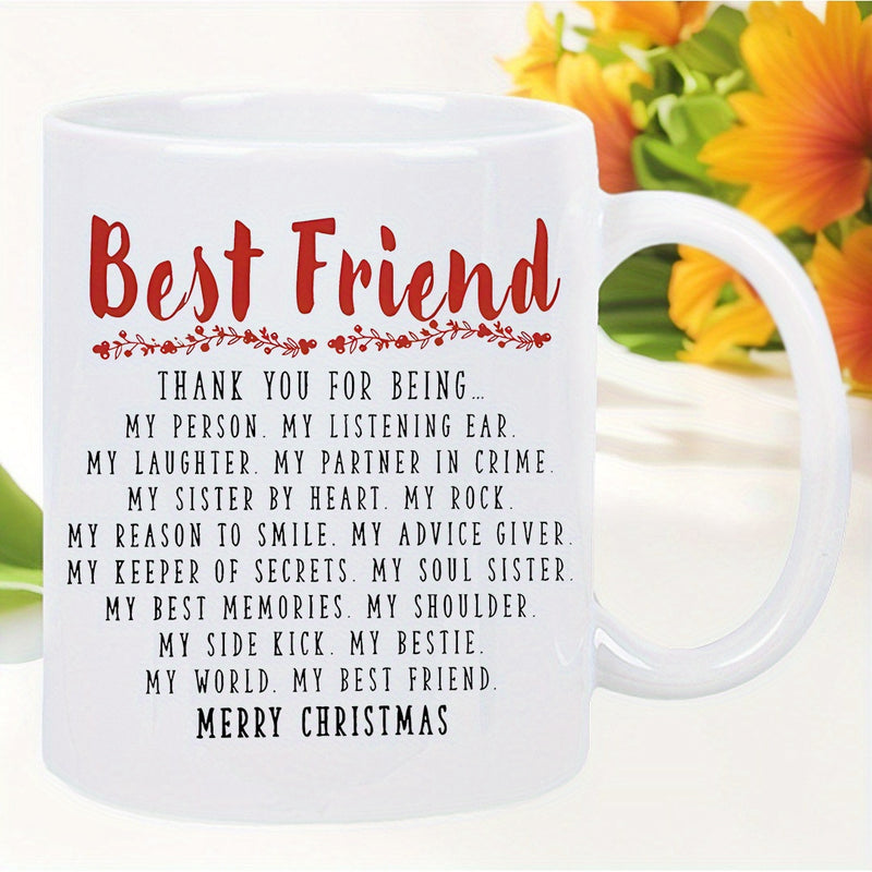 Tailorly White Ceramic 11 oz Mug - Best Friend Thank You For Being Merry Christmas White Ceramic Coffee Cup Featuring Delicate Red Floral Vines Mug