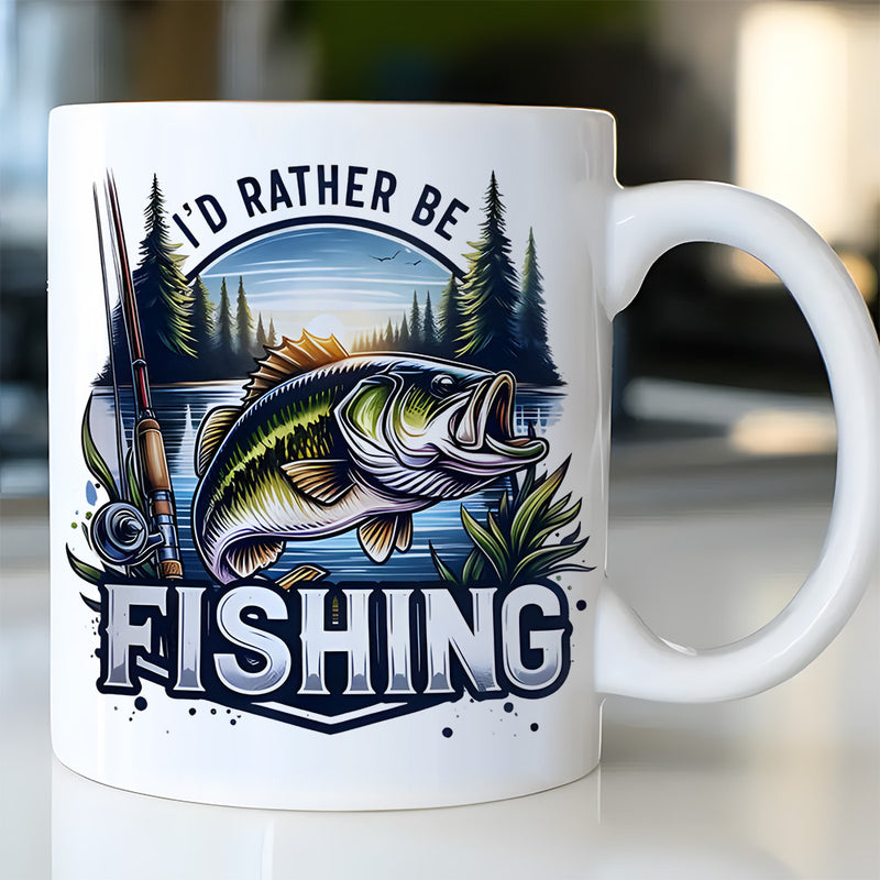 Tailorly White Ceramic 11 oz Mug - Id Rather Be Fishing Jumping From Blue Serene Lake Water Surrounded By Evergreen Forest Bass