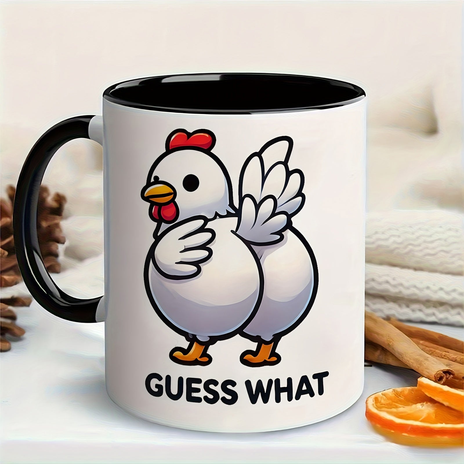 Tailorly Black Accent 11 oz Mug - 1pc funny chicken shaped coffee mug with cute what pun design 11oz ceramic cup for tea coffee microwave
