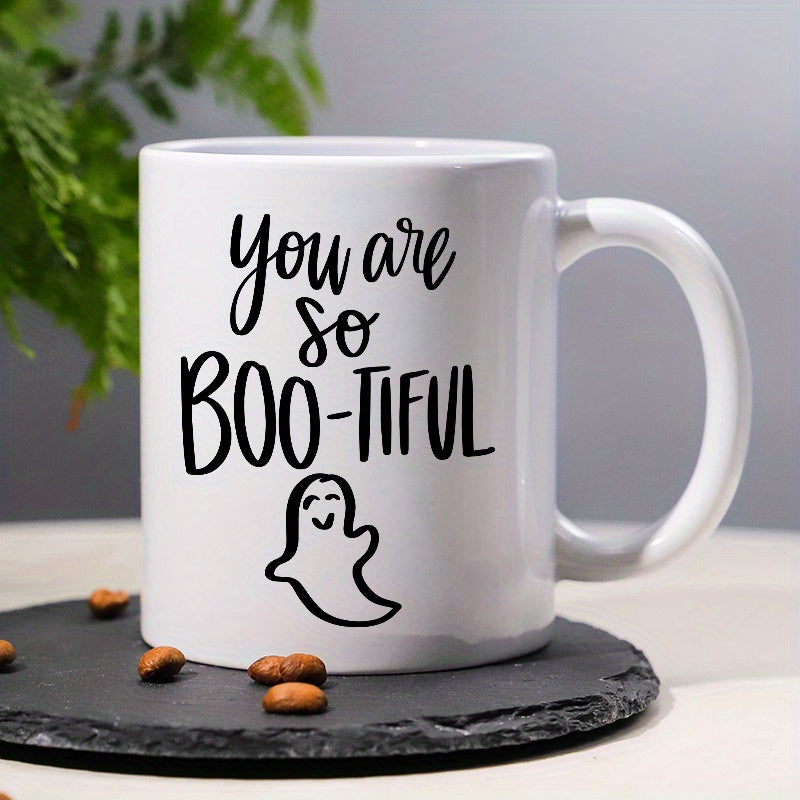 Tailorly White Ceramic 11 oz Mug - You Are So Bootiful Simple Hand Drawn Sketch Of A Small Smiling Floating Cartoon Ghost