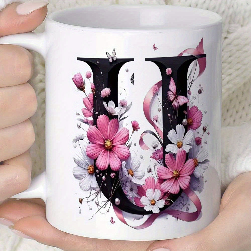 Tailorly White Ceramic 11 oz Mug - U Elegant Floral Arrangement Featuring Pink Petals And Delicate Butterflies Surrounding Letter U
