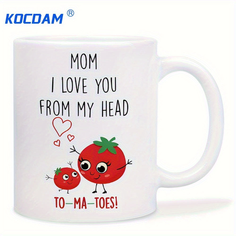Tailorly White Ceramic 11 oz Mug - Mom I Love You From My Head To Ma Toes Two Adorable Smiling Cartoon Tomatoes Featuring Floating Little Hearts Tomato