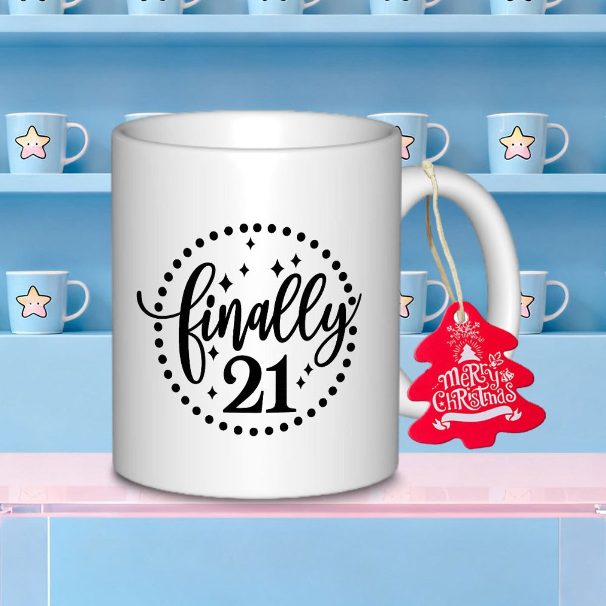 Tailorly White Ceramic 11 oz Mug - Finally 21 Merry Christmas Elegant White Ceramic Featuring Dotted Circle Frame With Small Twinkling Stars Mug