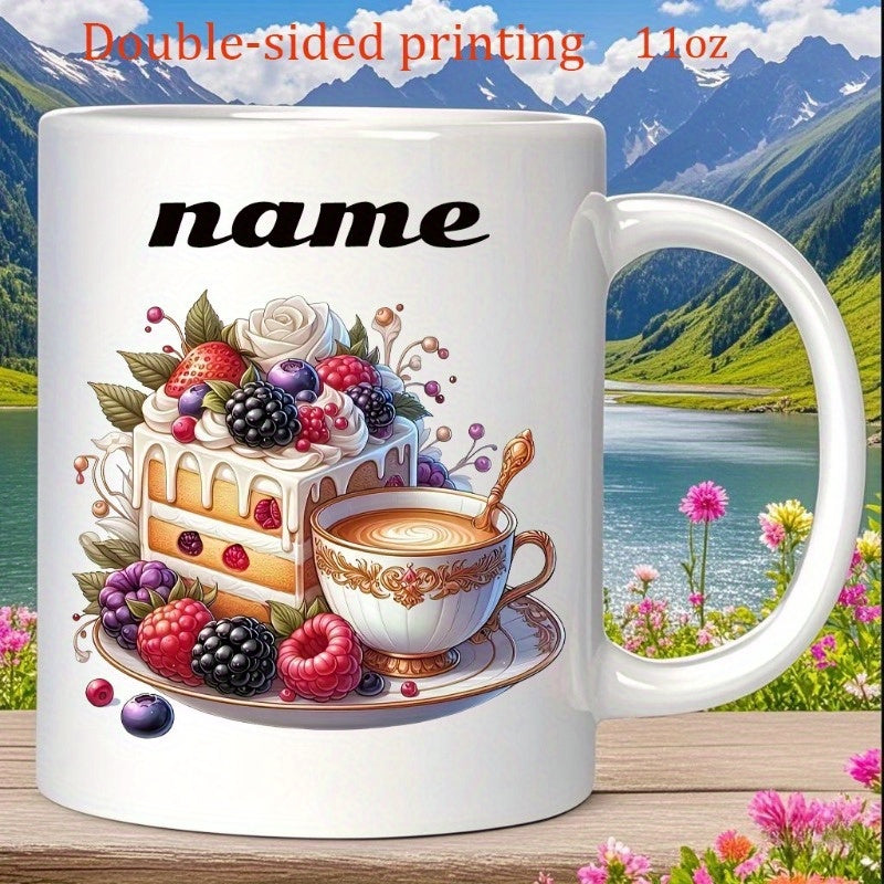 Tailorly White Ceramic 11 oz Mug - Name Beautiful Berry Layered Dessert With Warm Decorative Teacup And Berries Cake