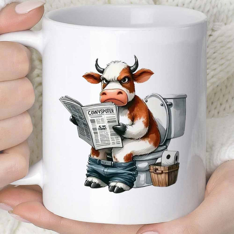 Tailorly White Ceramic 11 oz Mug - Cowspaper Funny Brown Spotted Animal Sitting On Toilet Reading News Cow