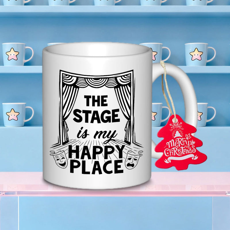 Tailorly White Ceramic 11 oz Mug - The Stage Is My Happy Place Artistic Curtains Framed With Iconic Comedy And Tragedy Drama Masks Stage