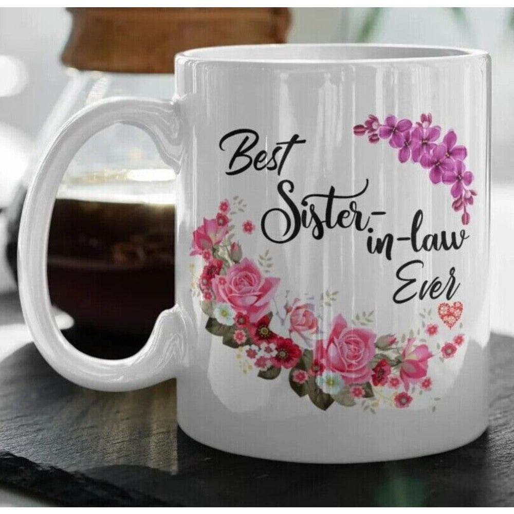 Tailorly White Ceramic 11 oz Mug - Best Sister In Law Ever Elegant Pink Roses And Purple Flowers Forming A Delicate Wreath Flower