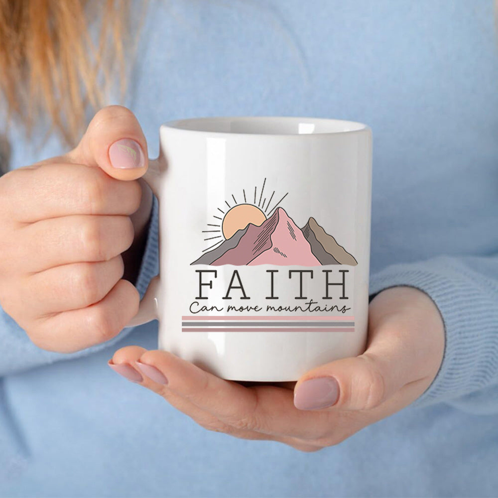 Tailorly White Ceramic 11 oz Mug - Faith Can Move Mountains Rising Sun Over Jagged Peaks In Minimalist Earthy Tones Geometric Lines Mountain