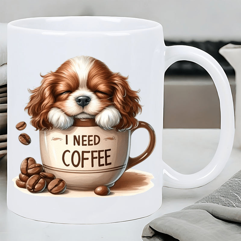 Tailorly White Ceramic 11 oz Mug - I Need Coffee Sleeping Puppy Resting Inside A Warm Cup Surrounded By Coffee Beans Dog