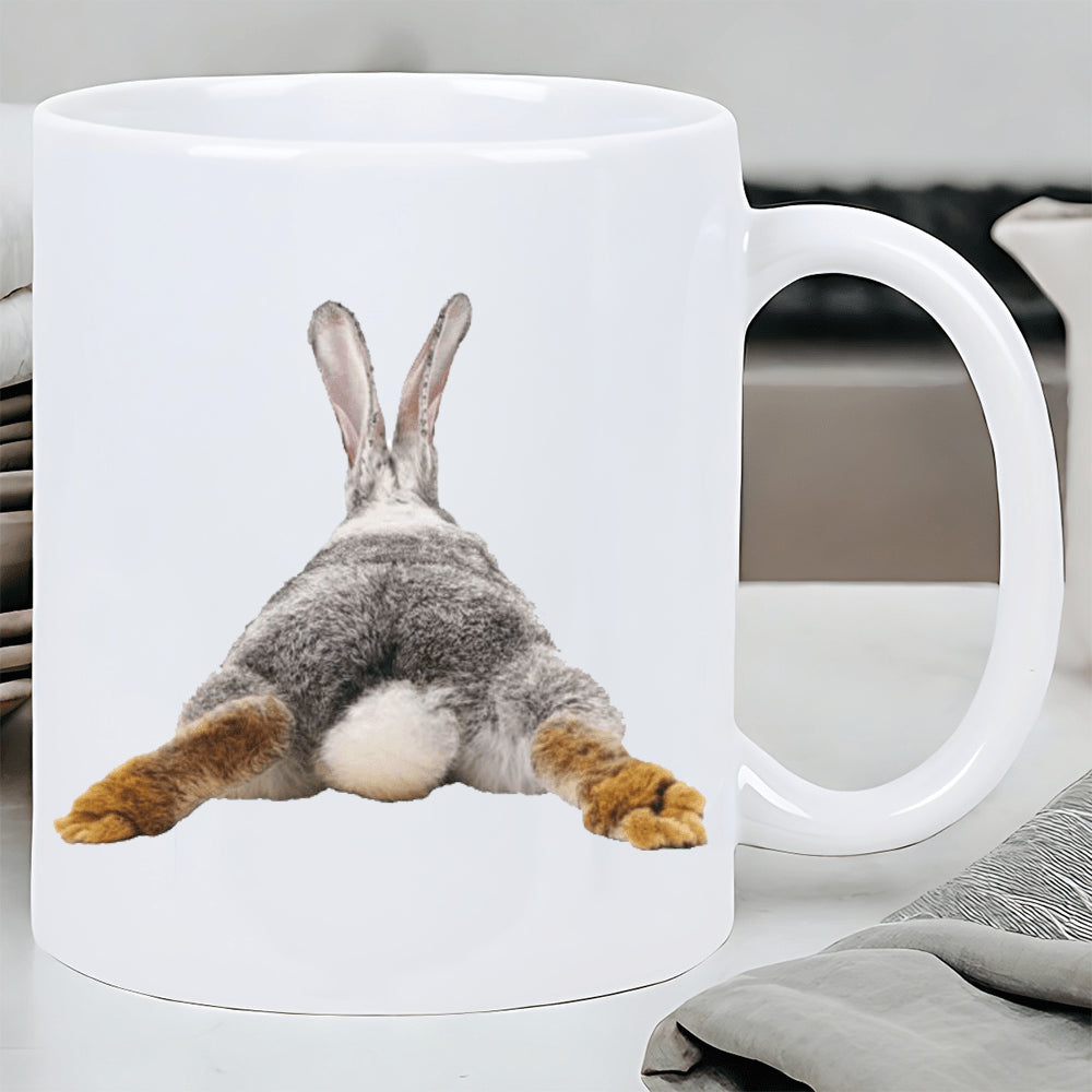 Tailorly White Ceramic 11 oz Mug - Adorable Fluffy Gray Animal Tail With Stretched Hind Paws Realistic Rabbit