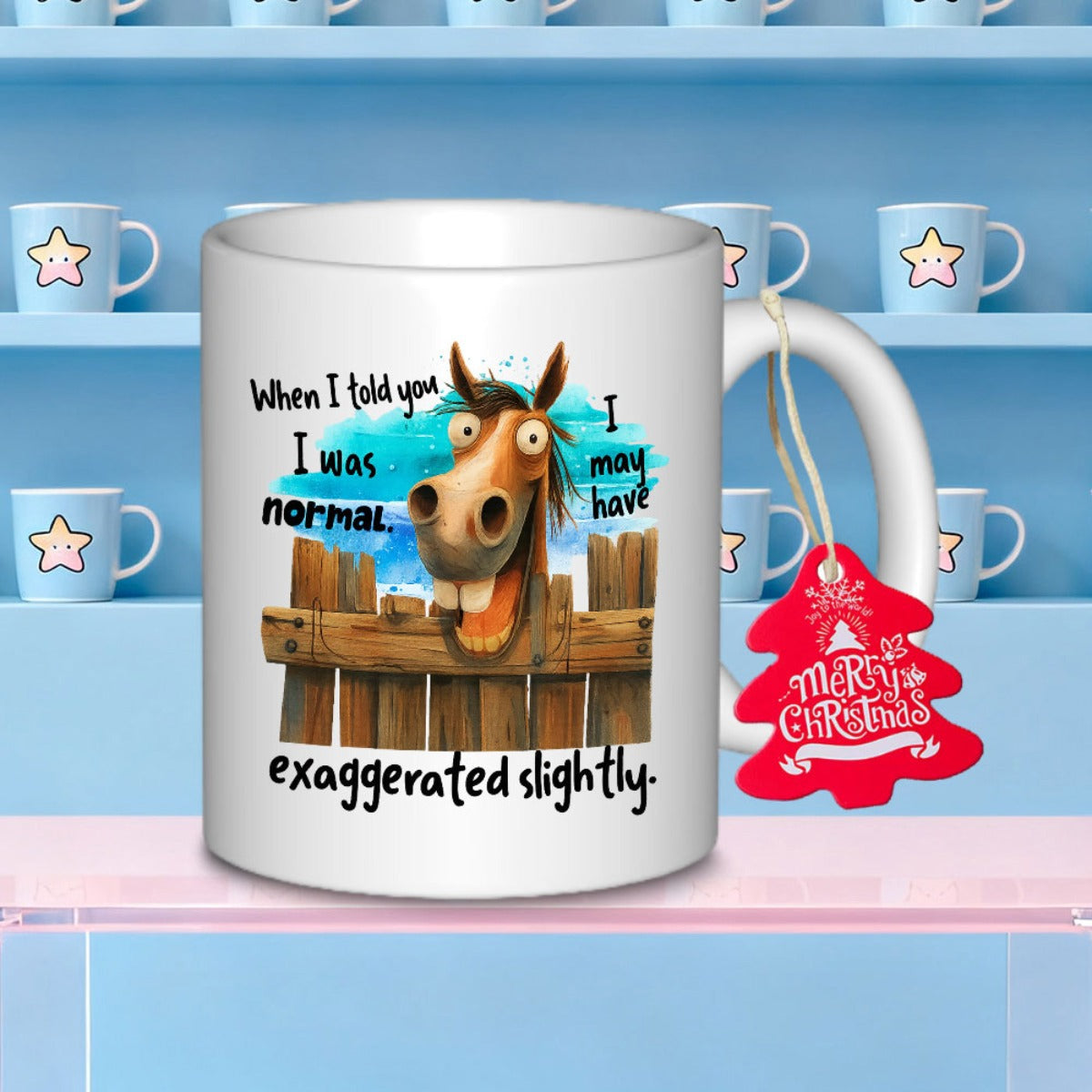 Tailorly White Ceramic 11 oz Mug - When I Told You I Was Normal I May Have Exaggerated Slightly Humorous Brown Animal Peeking Over A Rustic Wooden Fence Horse