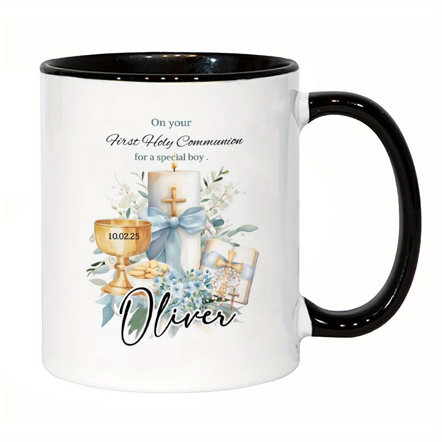 Tailorly Black Accent 11 oz Mug - first communion text and Catholic symbols