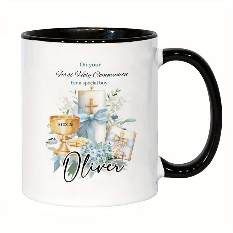 Tailorly Black Accent 11 oz Mug - first communion text and Catholic symbols
