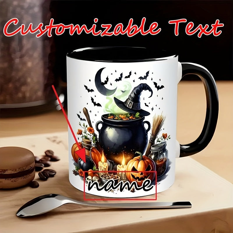 Tailorly Black Accent 11 oz Mug - personalized halloween mug with spooky witch hat， cauldron， pumpkins， bats