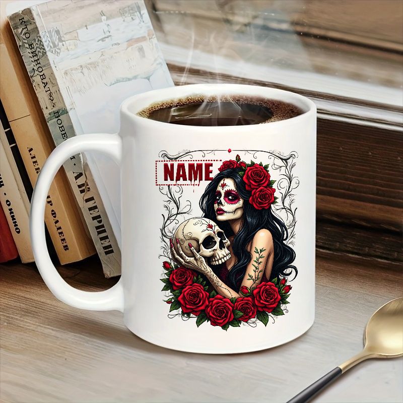 Tailorly White Ceramic 11 oz Mug - Name Sugar Skull Makeup Holding Human Cranium Amidst Dark Red Blooming Roses Lady