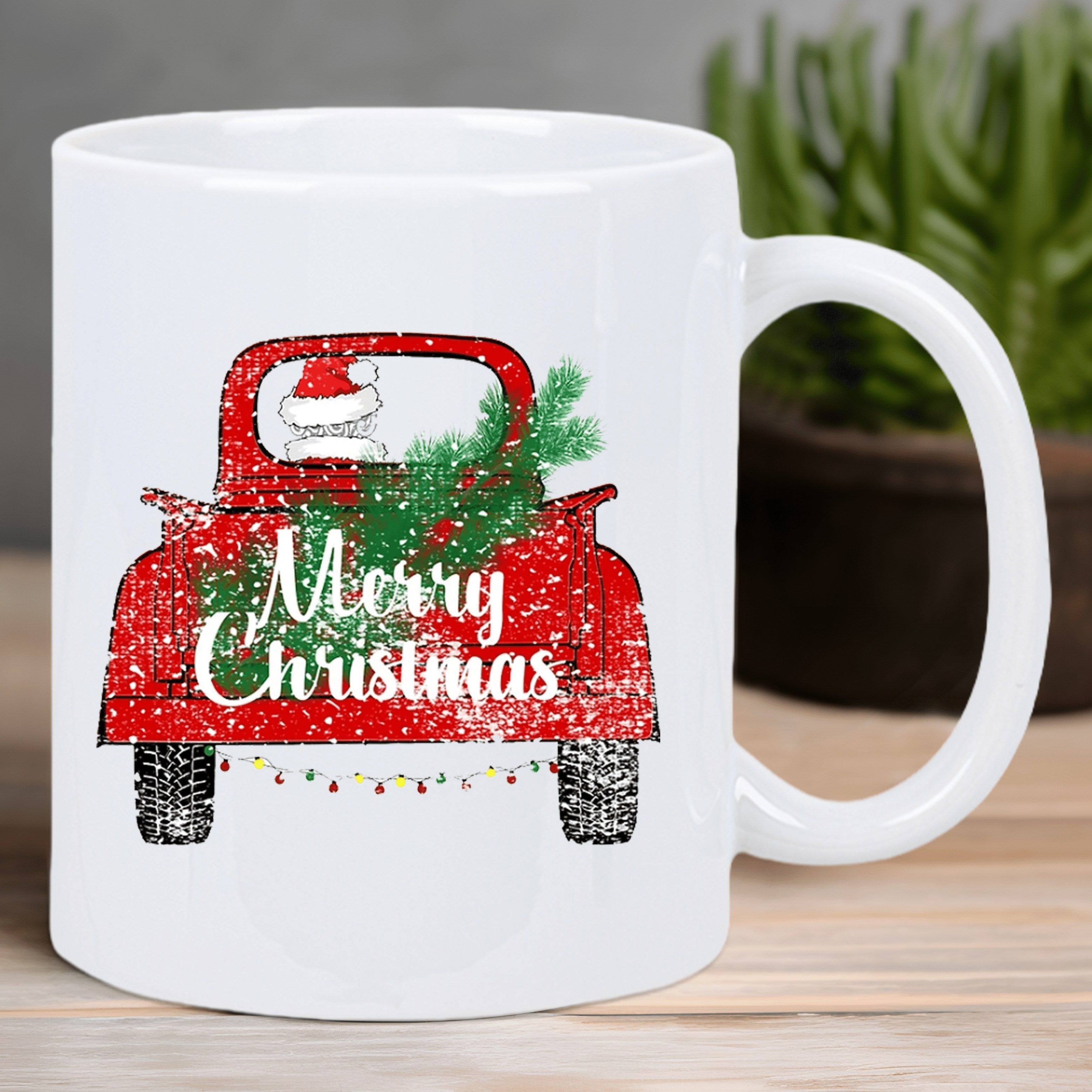 Tailorly White Ceramic 11 oz Mug - Merry Christmas Red Vintage Festive Vehicle Carrying Evergreen Tree And Sparkling Holiday Decoration Truck