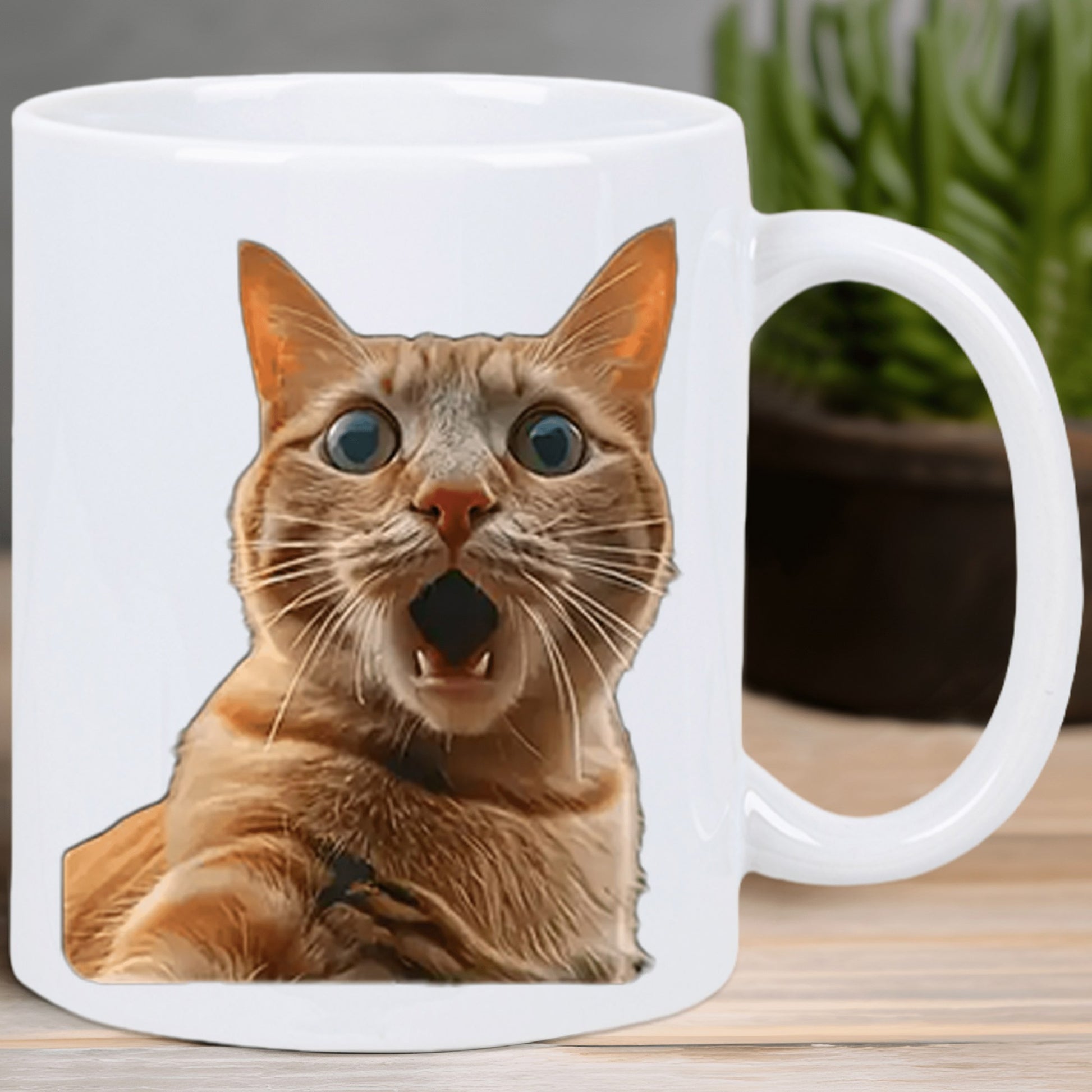 Tailorly White Ceramic 11 oz Mug - Shocked Orange Feline With Wide Eyes And Open Mouth Surprised Tabby Cat