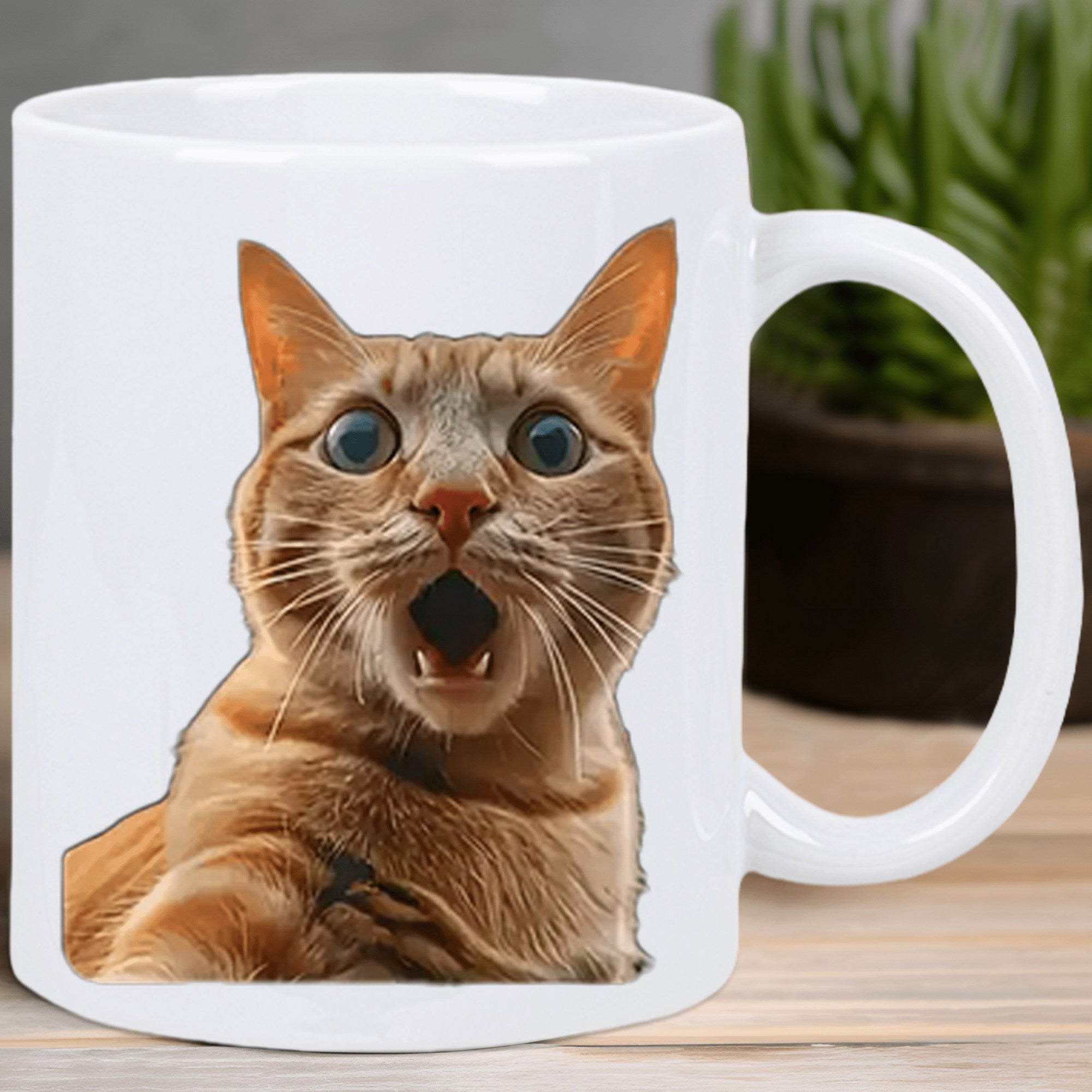 Tailorly White Ceramic 11 oz Mug - Shocked Orange Feline With Wide Eyes And Open Mouth Surprised Tabby Cat
