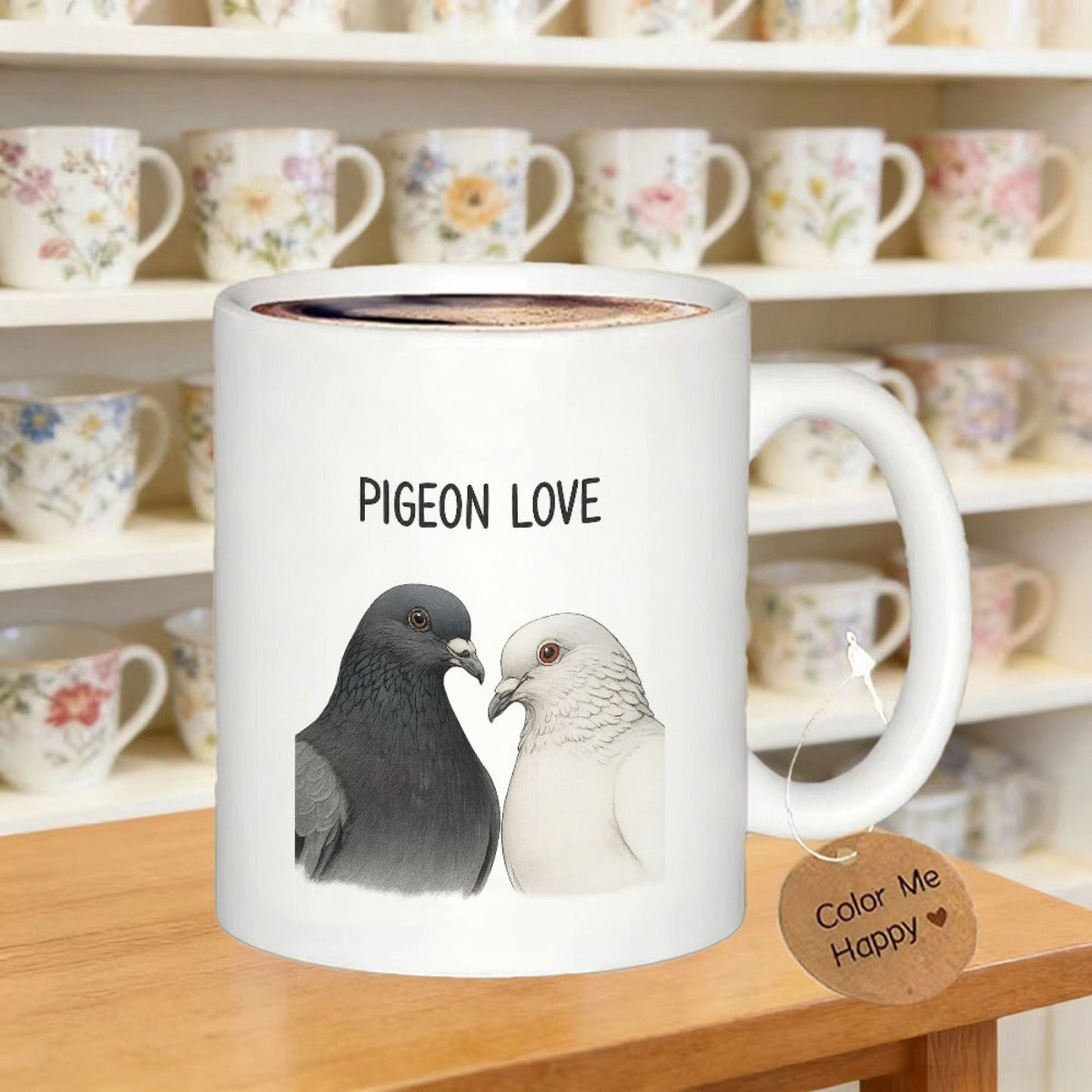 Tailorly White Ceramic 11 oz Mug - Pigeon Love Two Beautiful Pigeons Resting Close Together In A Serene White Space Pigeon